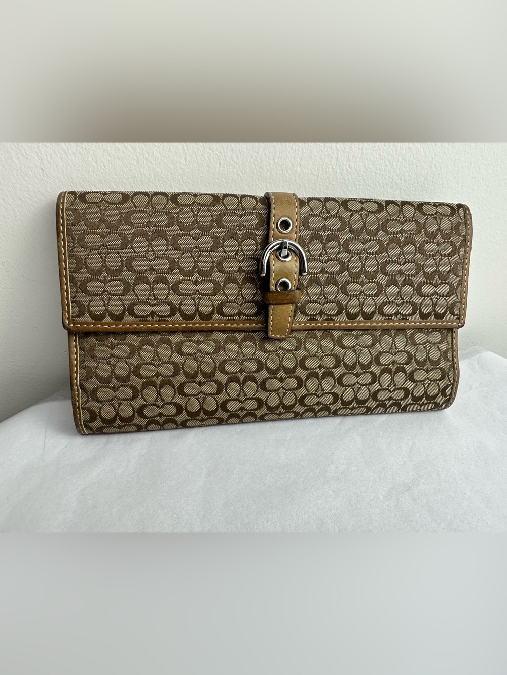 Coach Logo Canvas Foldover Clutch in Brown/Tan